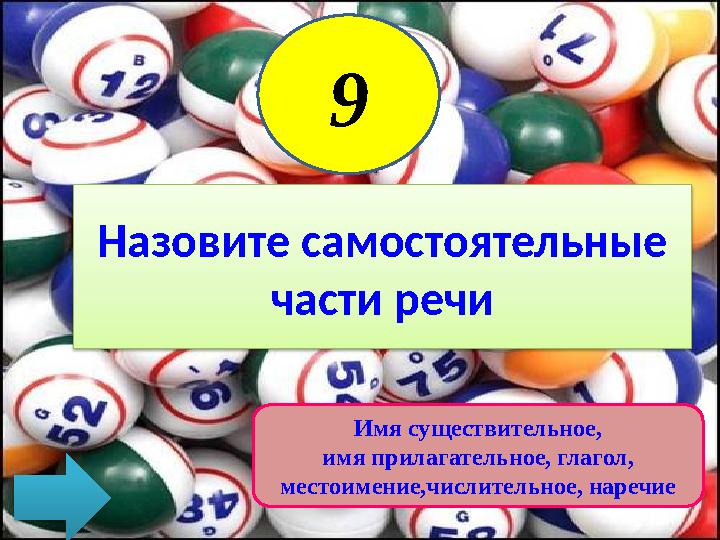 Назовите самостоятельные части речи 9 Имя существительное, имя прилагательное, глагол, местоимение,числительное, наречие