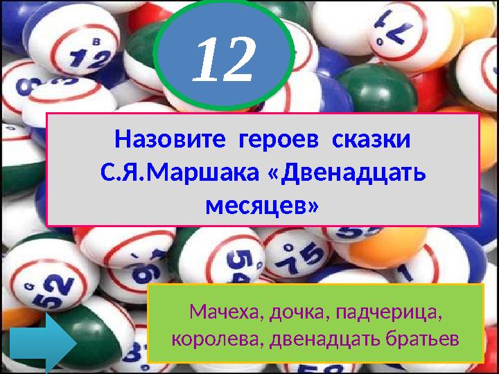 Назовите героев сказки С.Я.Маршака «Двенадцать месяцев» 12 Мачеха, дочка, падчерица, королева, двенадцать братьев