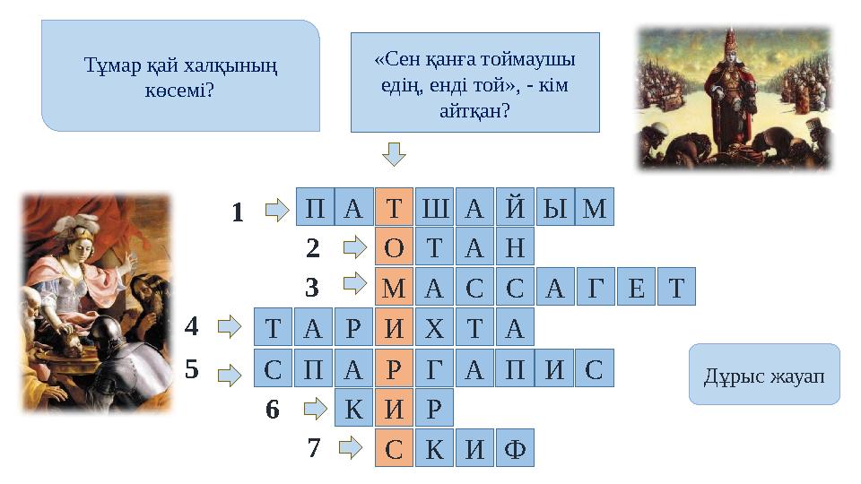 П Т А А Ш Ы О А ГАН И СА ТТ Х Й С М Т А С Р П А Р Г ИКС РИК ФТомирис кім болған? Дұрыс жауапЕ Т 7654 3 21Томирис нені қорғады? Д