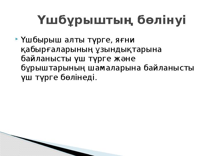 Үшбырыш алты түрге, яғни қабырғаларының ұзындықтарына байланысты үш түрге және бұрыштарының шамаларына байланысты үш тү Үшбырыш алты түрге, яғни қабырғаларының ұзындықтарына байланысты үш түрге және бұрыштарының шамаларына байланысты үш тү