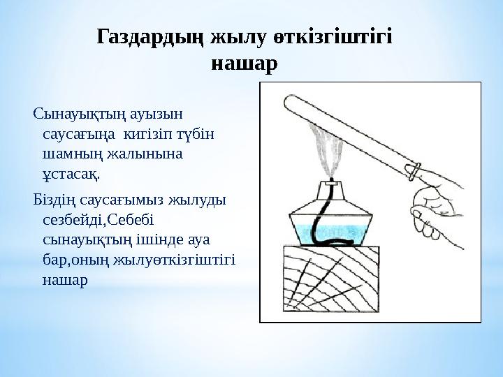 Газдардың жылу өткізгіштігі нашар Сынауықтың ауызын саусағыңа кигізіп түбін шамның жалынына ұстасақ. Біздің саусағымыз жыл