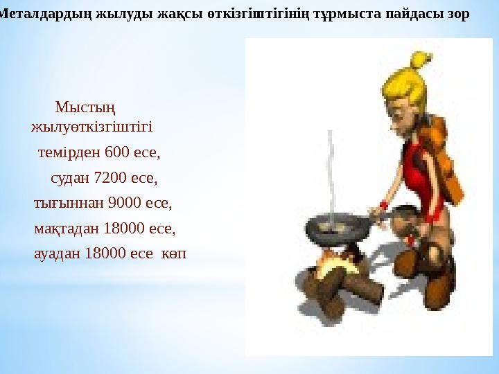 Металдардың жылуды жақсы өткізгіштігінің тұрмыста пайдасы зор Мыстың жылуөткізгіштігі темірден 600 есе, суда