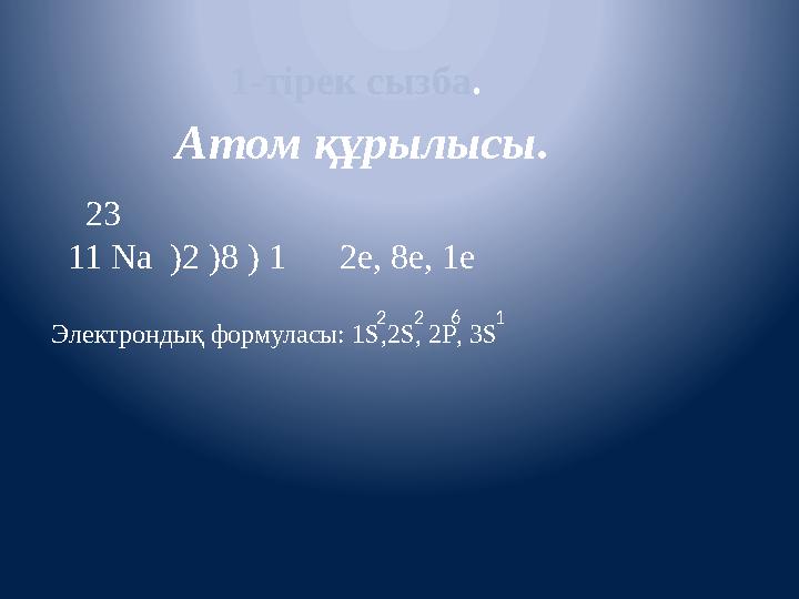 1-тірек сызба. Атом құрылысы. 23 11 Na )2 )8 ) 1 2е, 8е, 1е Электрондық формуласы: 1S,2S, 2P, 3S 2261