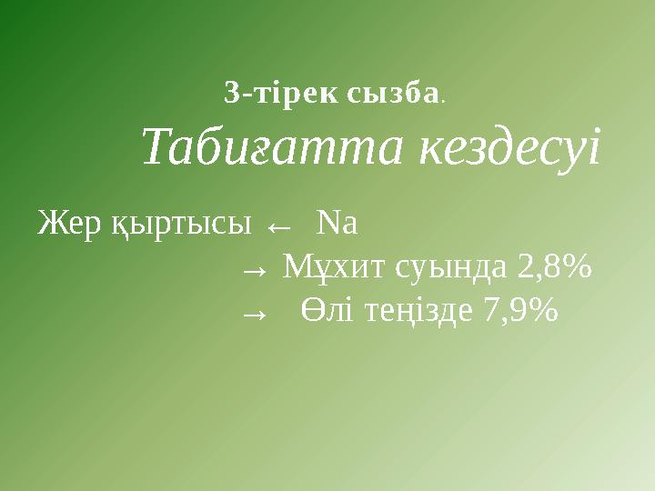 Табиғатта кездесуі Жер қыртысы ← Na → Мұхит суында 2,8% → Өлі теңізде 7,9% 3-ті