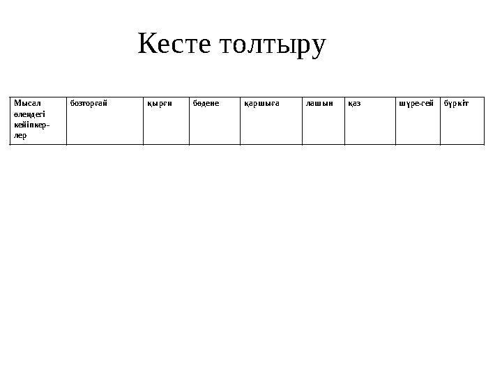 Кесте толтыру Мысал өлеңдегі кейіпкер- лер бозторғай қырғи бөдене қаршыға лашын қаз шүре-гейбүркіт