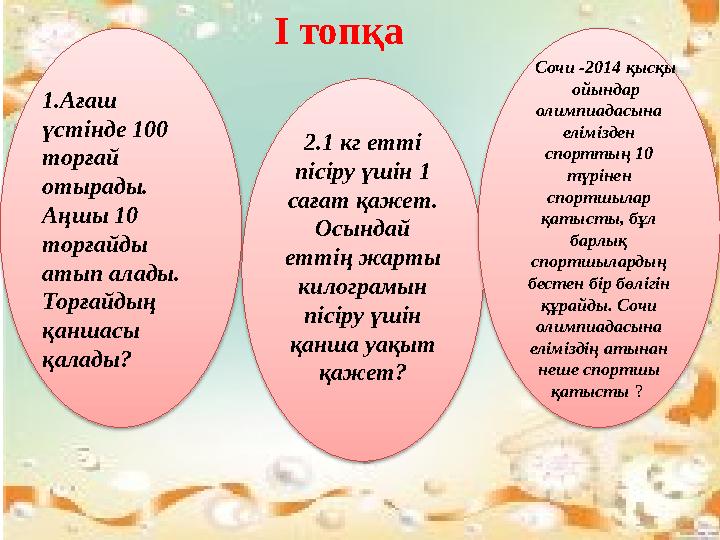 І топқа 1.Ағаш үстінде 100 торғай отырады. Аңшы 10 торғайды атып алады. Торғайдың қаншасы қалады? 2.1 кг етті пісіру