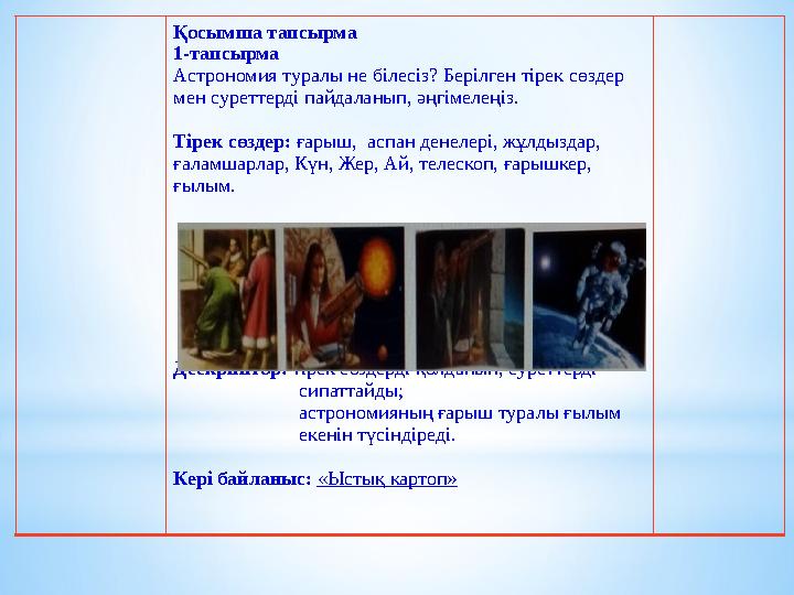 Қосымша тапсырма 1-тапсырма Астрономия туралы не білесіз? Берілген тірек сөздер мен суреттерді пайдаланып, әңгімелеңіз. Тіре