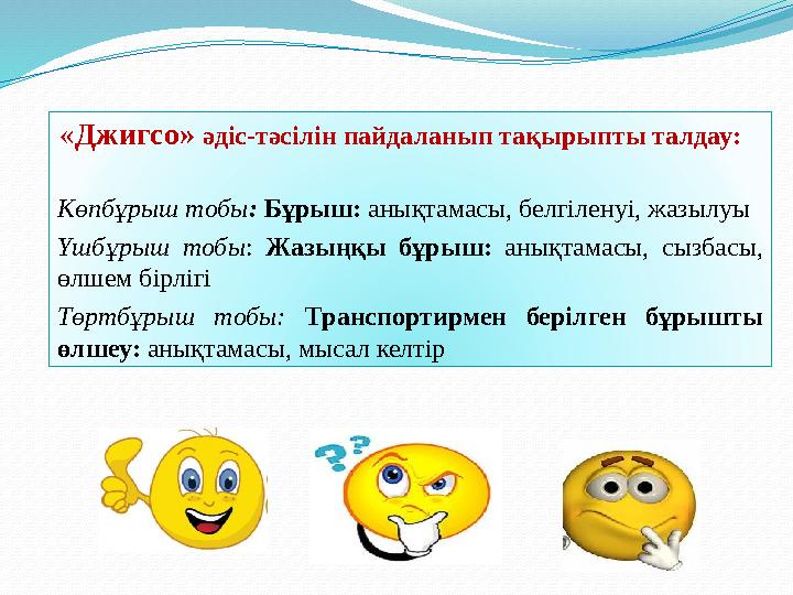 «Джигсо» әдіс-тәсілін пайдаланып тақырыпты талдау: Көпбұрыш тобы: Бұрыш: анықтамасы, белгіленуі, жазылуы Үшбұрыш тобы: Жаз
