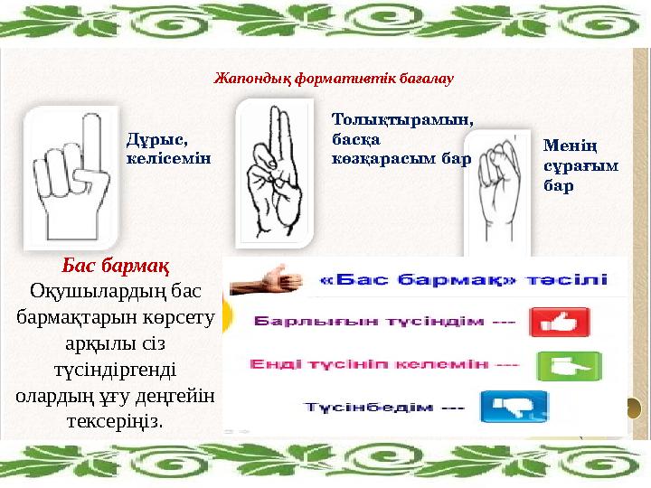 Жапондық формативтік бағалау Дұрыс, келісемін Толықтырамын, басқа көзқарасым бар Менің сұрағым бар Бас бармақ Оқушылардың
