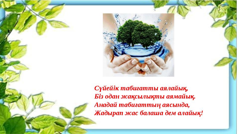 Сүйейік табиғатты аялайық, Біз одан жақсылықты аямайық. Анадай табиғаттың аясында, Жадырап жас балаша дем алайық!
