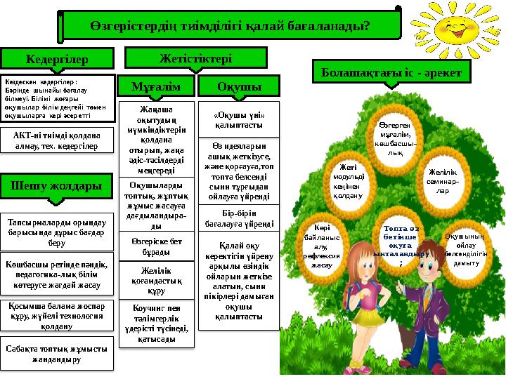 Өзгерістердің тиімділігі қалай бағаланады? Кедергілер АКТ-ні тиімді қолдана алмау, тех. кедергілер Шешу жолдары Тапсырмаларды