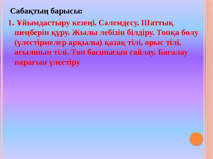 Сабақтың барысы: 1. Ұйымдастыру кезеңі. Сәлемдесу. Шаттық шеңберін құру. Жылы лебізін білдіру. Топқа бөлу (үлестірмелер а