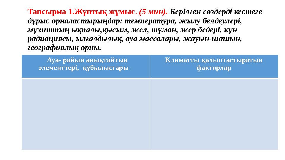 Тапсырма 1.Жұптық жұмыс. (5 мин). Берілген сөздерді кестеге дұрыс орналастырыңдар: температура, жылу белдеулері, мұхиттың ықпа