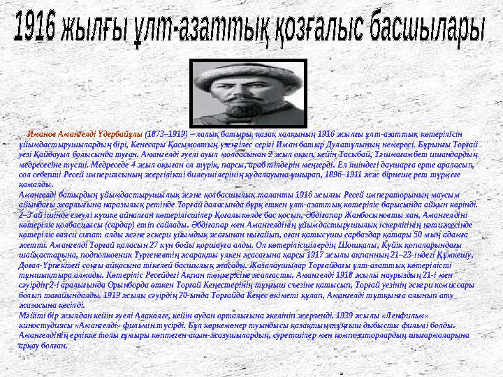 Иманов Амангелді Үдербайұлы (1873–1919) – халық батыры, қазақ халқының 1916 жылғы ұлт-азаттық көтерілісін ұйымдастырушыларды