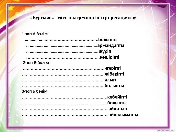 «Буремио» әдісі шығрманы интерпретациялау 1-топ А бөлімі ………………........................................болыпты ……………………