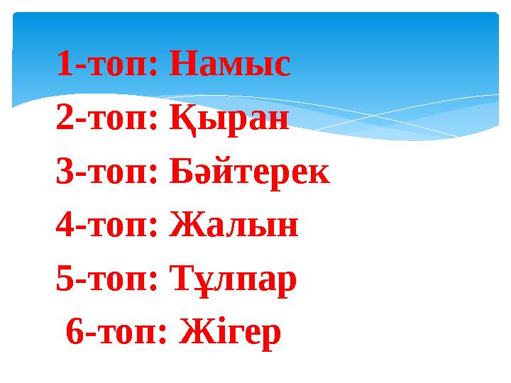 1-топ: Намыс 2-топ: Қыран 3-топ: Бәйтерек 4-топ: Жалын 5-топ: Тұлпар 6-топ: Жігер