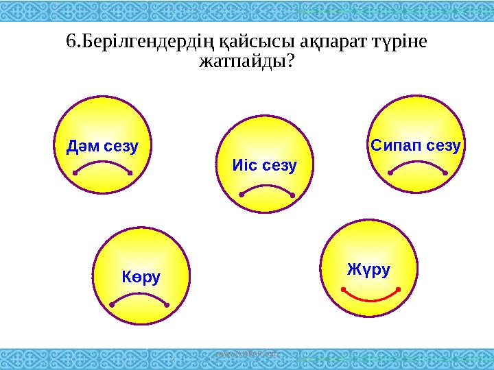 6.Берілгендердің қайсысы ақпарат түріне жатпайды? Дәм сезу Сипап сезу Иіс сезу Көру Жүру www.ZHARAR.com
