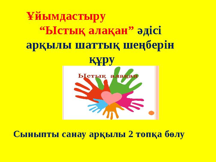 Ұйымдастыру “Ыстық алақан” әдісі арқылы шаттық шеңберін құру Сыныпты санау арқылы 2 топқа бөлу