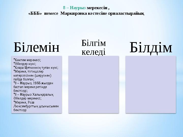 Білемін • Көктем мерекесі; • Әйелдер күні; • Клара Цеткиннің туған күні; • Мереке, тігіншілер көтерілісінен (шеруінен) пайда