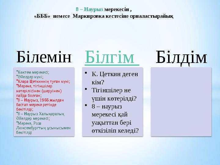 Білемін • Көктем мерекесі; • Әйелдер күні; • Клара Цеткиннің туған күні; • Мереке, тігіншілер көтерілісінен (шеруінен) пайда
