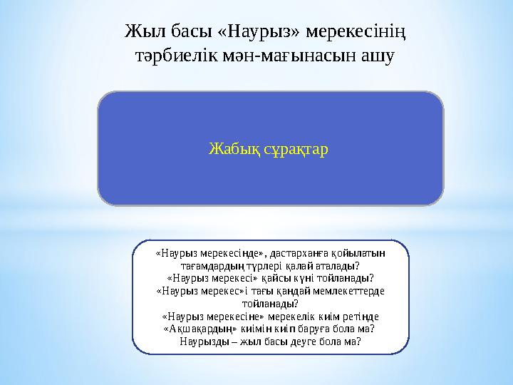 Жабық сұрақтар «Наурыз мерекесінде», дастарханға қойылатын тағамдардың түрлері қалай аталады? «Наурыз мерекесі» қайсы күні той