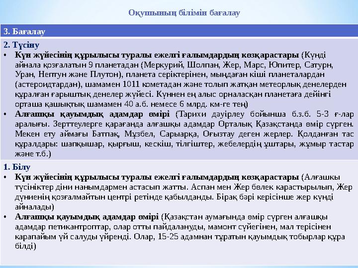 Оқушының білімін бағалау 3. Бағалау 2. Түсіну •Күн жүйесінің құрылысы туралы ежелгі ғалымдардың көзқарастары (Күнді айнала қозғ