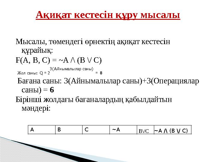Мысалы, төмендегі өрнектің ақиқат кестесін құрайық: F(A, B, C) = ~A /\ (B \/ C) Жол саны: Q = 2 3(Айнымалылар саны) =