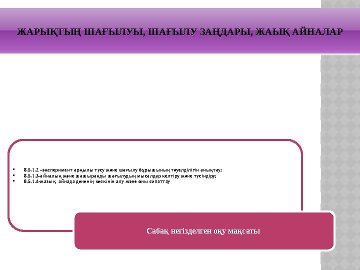 •8.5.1.2 –эксперимент арқылы түсу және шағылу бұрышының тәуелділігін анықтау; •8.5.1.3-айналық және шашыранды шағылудың мысалда