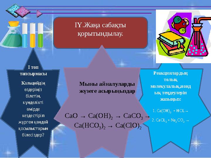 ІҮ.Жаңа сабақты қорытындылау. І топ тапсырмасы К альцийдің өздеріңіз білетін, күнделікті өмірде кездестіріп жүрген қанда