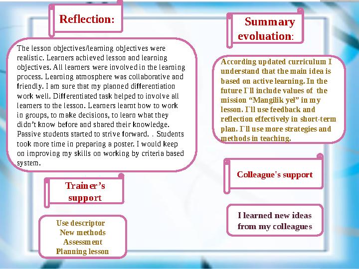 Reflection: Summary evoluation: Trainer’s support The lesson objectives/learning objectives were realistic. Learners achi