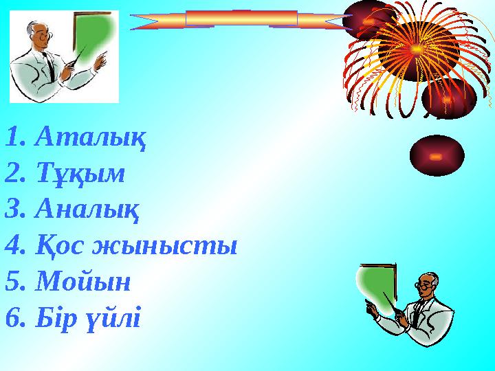 1. Аталық 2. Тұқым 3. Аналық 4. Қос жынысты 5. Мойын 6. Бір үйлі