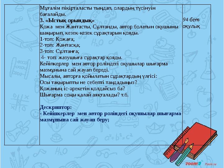 Мұғалім пікірталасты тыңдап, олардың түсінуін бағалайды. 3. «Ыстық орындық» Қожа мен Жантасты, Сұлтанды, автор болатын оқушыны