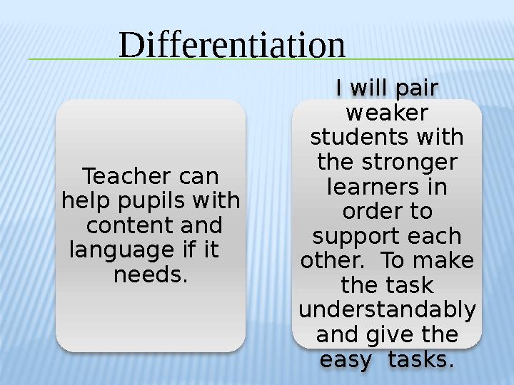 Differentiation Teacher can help pupils with content and language if it needs. I will pair weaker students with the