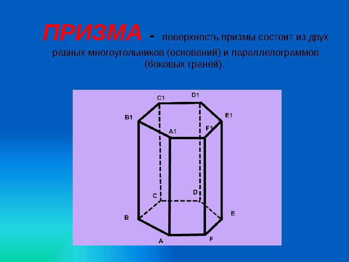 ПРИЗМА - поверхность призмы состоит из двух равных многоугольников (оснований) и параллелограммов (боковых граней).