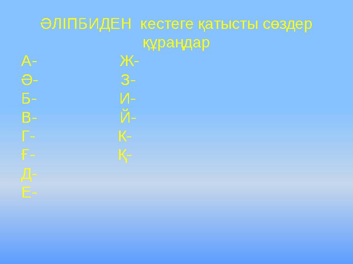 ӘЛІПБИДЕН кестеге қатысты сөздер құраңдар А- Ж- Ә- З- Б- И- В-