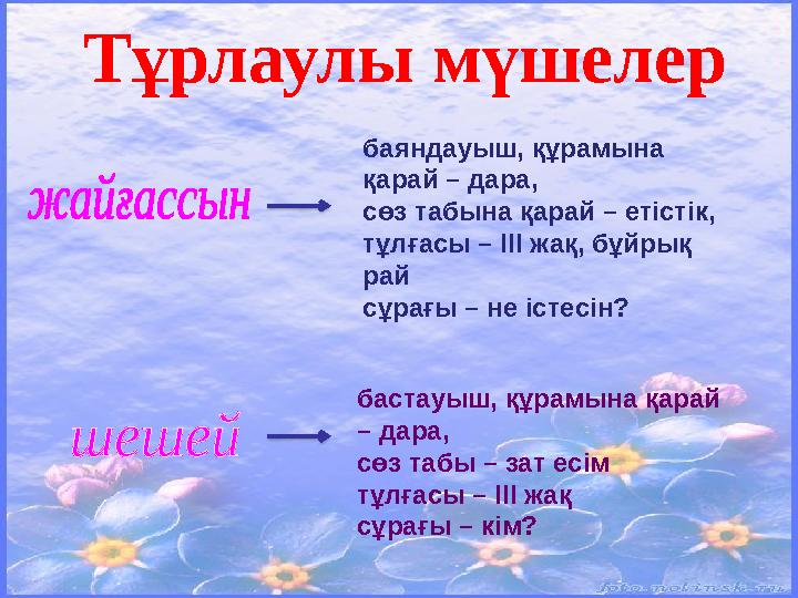 Тұрлаулы мүшелер баяндауыш, құрамына қарай – дара, сөз табына қарай – етістік, тұлғасы – ІІІ жақ, бұйрық рай сұрағы – не іс