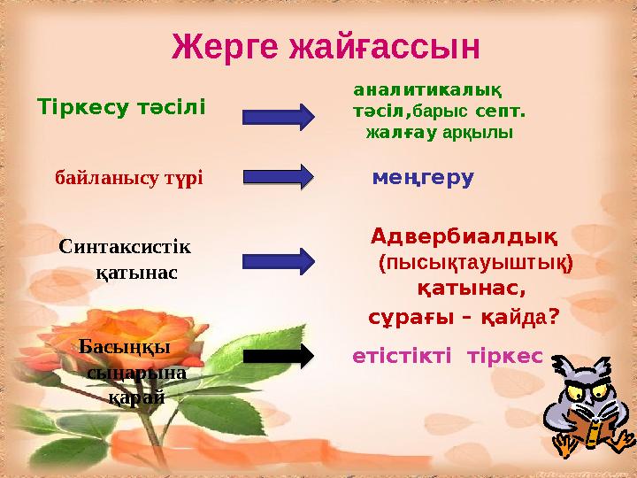 Жерге жайғассын Тіркесу тәсілі байланысу түрі Синтаксистік қатынас Басыңқы сыңарына қарай аналитикалық тәсіл,барыс cепт. жа