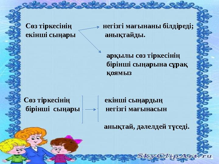 Сөз тіркесінің негізгі мағынаны білдіреді; екінші сыңары анықтайды. арқылы сөз тіркесінің бірі