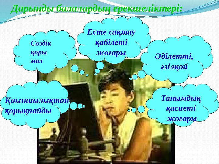 Дарынды балалардың ерекшеліктері: Әділетті, әзілқой Сөздік қоры мол Есте сақтау қабілеті жоғары Танымдық қасиеті жоғары Қи