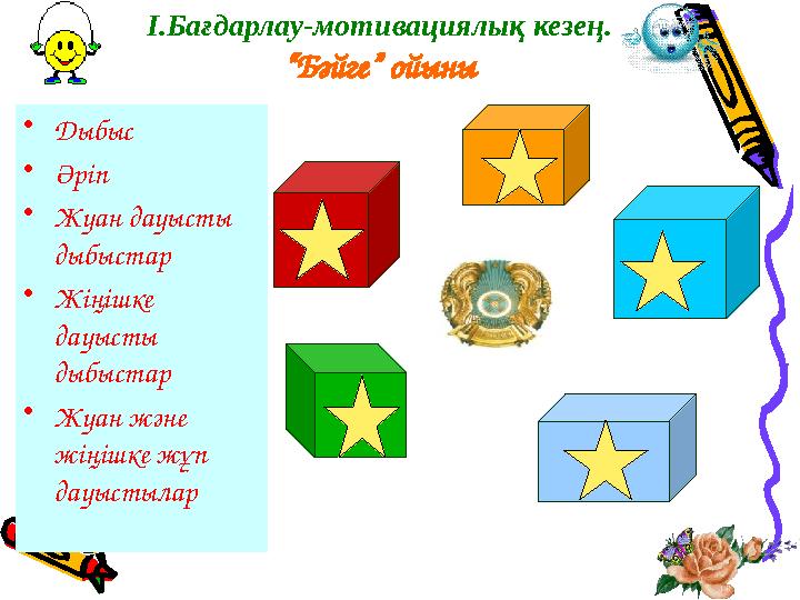 І.Бағдарлау-мотивациялық кезең. “Бәйге” ойыны •Дыбыс •Әріп •Жуан дауысты дыбыстар •Жіңішке дауысты дыбыстар •Жуан және жіңіш
