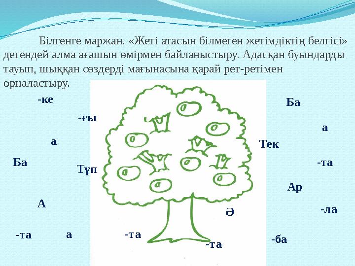 Білгенге маржан. «Жеті атасын білмеген жетімдіктің белгісі» дегендей алма ағашын өмірмен байланыстыру. Адасқан буындарды тауып