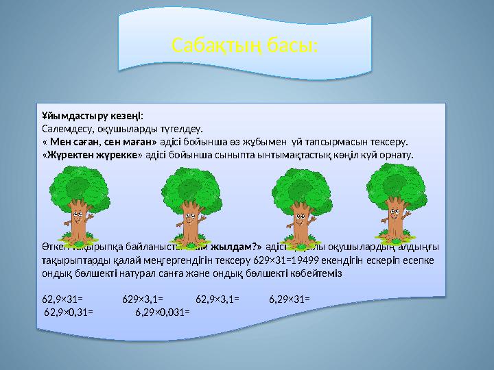 Сабақтың басы: Ұйымдастыру кезеңі: Сәлемдесу, оқушыларды түгелдеу. « Мен саған, сен маған» әдісі бойынша өз жұбымен үй тапсы