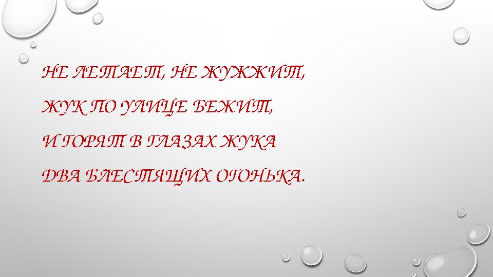 НЕ ЛЕТАЕТ, НЕ ЖУЖЖИТ, ЖУК ПО УЛИЦЕ БЕЖИТ, И ГОРЯТ В ГЛАЗАХ ЖУКА ДВА БЛЕСТЯЩИХ ОГОНЬКА.