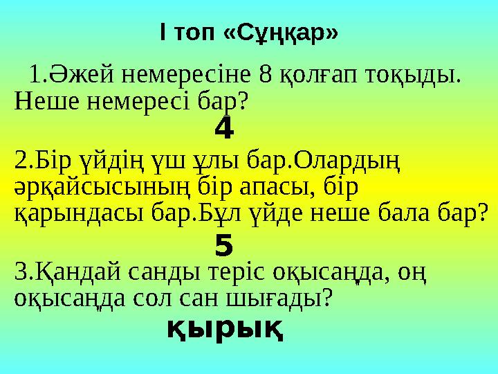 1.Әжей немересіне 8 қолғап тоқыды. Неше немересі бар? 2.Бір үйдің үш ұлы бар.Олардың әрқайсысының бір апасы, бір қарындасы