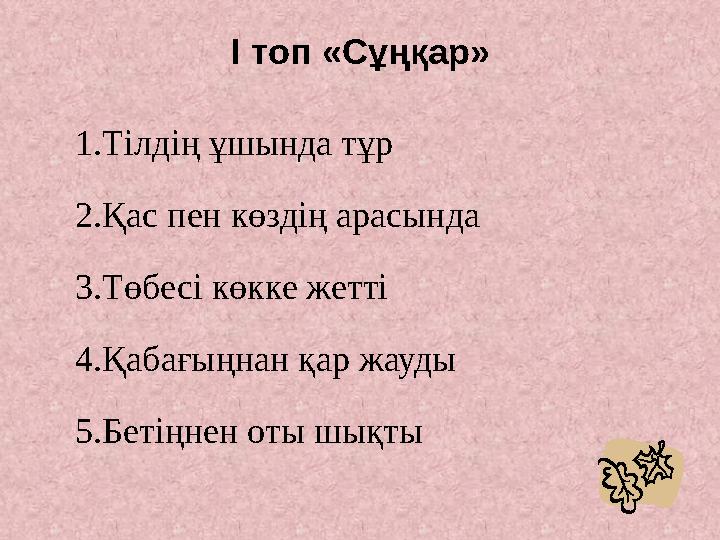 1.Тілдің ұшында тұр 2.Қас пен көздің арасында 3.Төбесі көкке жетті 4.Қабағыңнан қар жауды 5.Бетіңнен оты шықты І топ «Сұңқар»
