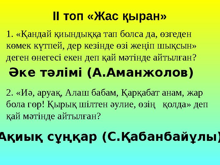 1. «Қандай қиындыққа тап болса да, өзгеден көмек күтпей, дер кезінде өзі жеңіп шықсын» деген өнегесі екен деп қай мәтінде айты