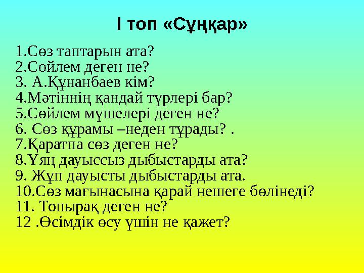 І топ «Сұңқар» 1.Сөз таптарын ата? 2.Сөйлем деген не? 3. А.Құнанбаев кім? 4.Мәтіннің қандай түрлері бар? 5.Сөйлем мүшелері деген