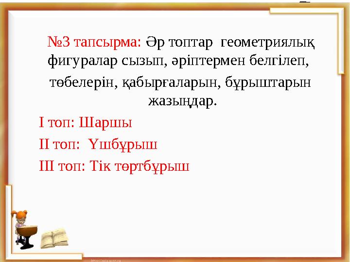 №3 тапсырма: Әр топтар геометриялық фигуралар сызып, әріптермен белгілеп, төбелерін, қабырғаларын, бұрыштарын жазыңдар. І