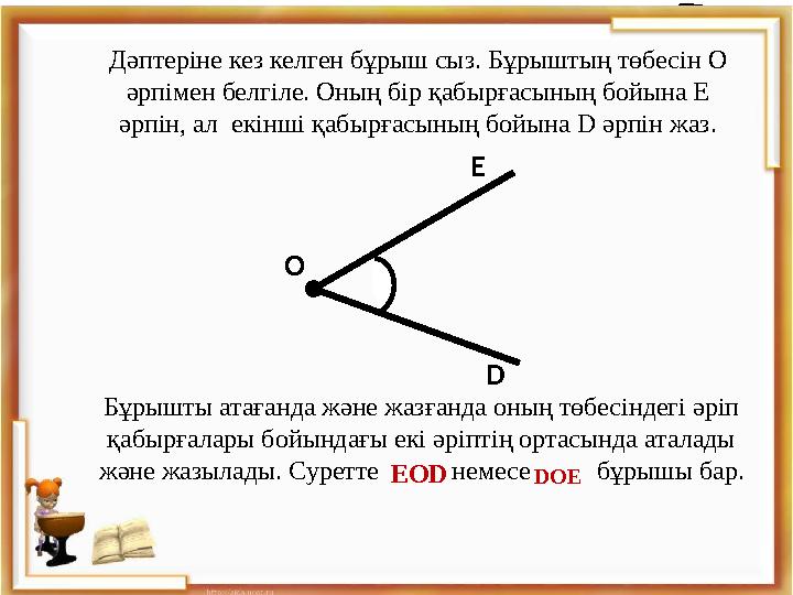 Дәптеріне кез келген бұрыш сыз. Бұрыштың төбесін О әрпімен белгіле. Оның бір қабырғасының бойына Е әрпін, ал екінші қабырғасы