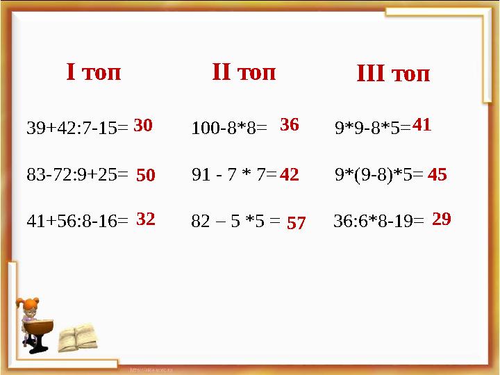 39+42:7-15= 100-8*8= 9*9-8*5= 83-72:9+25= 91 - 7 * 7= 9*(9-8)*5= 41+56:8-16
